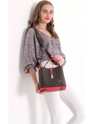 Kadın Kırmızı Monogram Baskılı Omuz Çantası