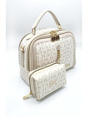 Justpolo Orijinal Kadın Krem 4 Bölmeli El ve Omuz Çantası ve Cüzdan Kombini