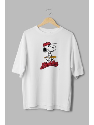 Overoz Diablos Snoopy Baseball Baskılı Yarı Oversize Beyaz T-Shirt 1152