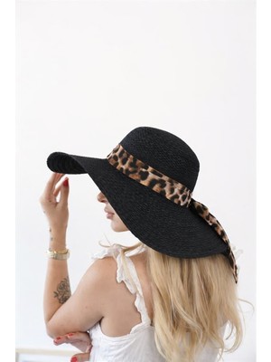 ZOE3tr Kadın Lorel Siyah Leopar Detaylı Hasır Şapka