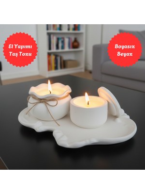Nigi Store 3 Parça Beyaz Dekoratif Set - Dantel Tepsi, Bohça Mum, Kapaklı Mum