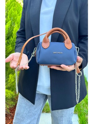 Just Polo Kadın Küçük Boy Silindir Model El ve Omuz Çantası Lacivert Deri İle Çok Yönlü Kullanım