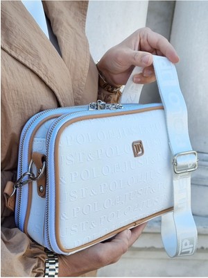 Kadın Beyaz 5 Bölmeli Monogram Baskılı Omuz ve Çapraz Çantası