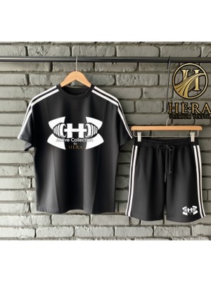 Risil-Nu Company Yeni Sezon Hera Baskılı Premium Penye Kumaş Yanları Şeritli Bisiklet Yaka Tişört ve Şort 2'li Takım