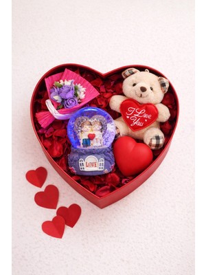 Hediye Filesi Sevgililer Gününe Özel Kalp Kutuda ayıcıklı- Ledli Kalpli- Kar Küresi ve Mini Buket Hediye Seti 02 