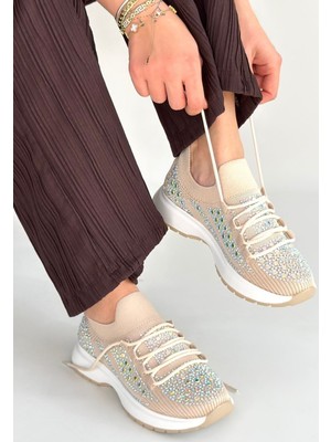 Alfaze Bej Triko Taşlı Ortopedik Bağcıklı Spor Ayakkabı Topuk Boyu 3 cm