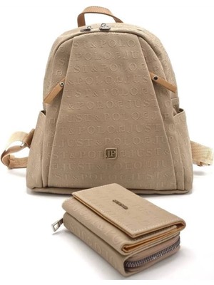 Just Polo Justpolo  Kadın Siyah Taba 9 Bölmeli Gofraj Baskılı Sırt Çantası ve Cüzdan Kombini Çanta Cüzdan 4040