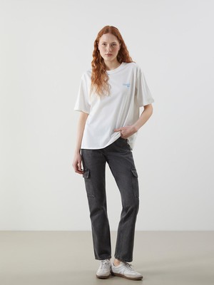 Lc Waikiki Yeni Sezon Bisiklet Yaka Baskılı Oversize Kadın Tişört