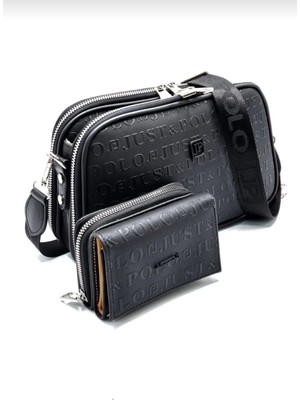 Justpolo Kadın Siyah 5 Bölmeli El Omuz Çantası ve Cüzdan Kombini TM4091KOMBIN