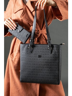 Kadın Siyah Gofraj Baskılı Büyük Bay Omuz Çantası ve Cüzdan Kombini TM04078