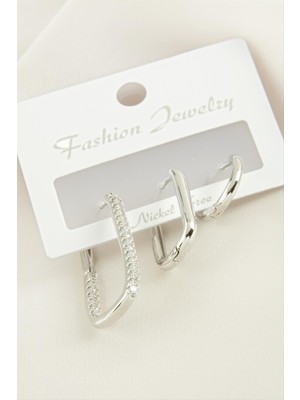 Zero Land Storozde 3 Adet Oval Zirkon Taşlı Küpe-Gümüş Rengi