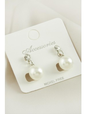 Zero Land Storozde Yuvarlak Inci Taşlı Küpe-Gümüş Rengi