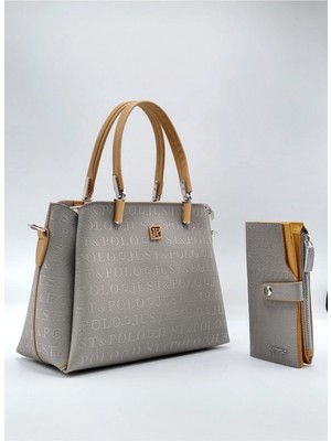 Kadın Gri Ayarlanabilir Uzun Askılı Omuz Çantası ve Cüzdan Kombini