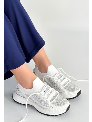 Alfaze Beyaz Triko Taşlı Ortopedik Bağcıklı Spor Ayakkabı Topuk Boyu 3 cm