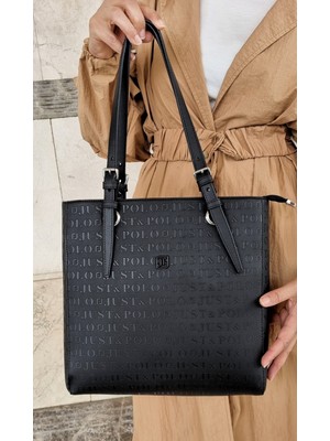 Just Polo Kadın Siyah Büyük Boy 4 Bölmeli Deri Omuz Çantası Tote Bag Şık ve Dayanıklı Tasarım