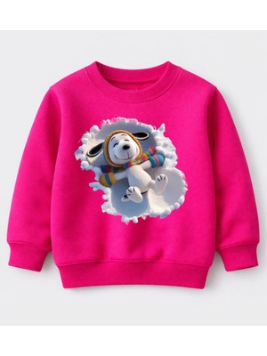 Efendioğlu Design Sweatshirt Beyaz Karda Yatan Sevimli Köpek Baskılı Pamuklu Çocuk Sweatshirt