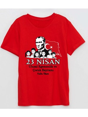 Efendioğlu Design Kısa Kollu 6 Çocuk ve Atatürk Baskılı 23 Nisan Ulusal Egemenlik Bayramı Tişörtü