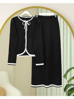 Modamorfo Bağcık Detaylı Şeritli Düğmeli Etekli Triko Takım -Siyah