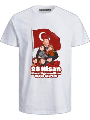 Efendioğlu Design Kısa Kollu Atatürk'e Sarılan Çocuklar Baskılı Pamuklu 23 Nisan Tişörtü