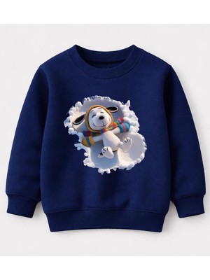 Efendioğlu Design Sweatshirt Beyaz Karda Yatan Sevimli Köpek Baskılı Pamuklu Çocuk Sweatshirt