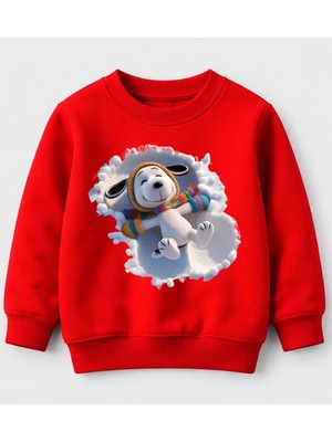 Efendioğlu Design Sweatshirt Beyaz Karda Yatan Sevimli Köpek Baskılı Pamuklu Çocuk Sweatshirt