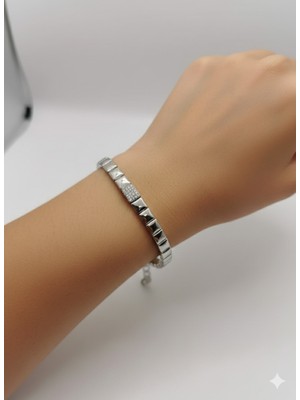 Cadde Dükkanı Kare Taşlı Çelik Bileklik Silver