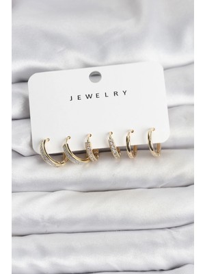 Flamex Zirkon Taşlı Gold Renk Pirinç Kadın Küpe Seti
