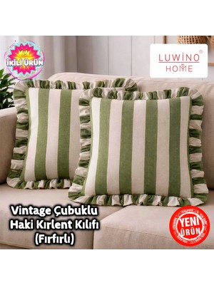 Luwino Home Kırlent Kılıfı Fırfırlı Keten Vintage Çubuklu Serisi 42 x 42 cm (2'li Set)