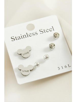 Zero Land Storozde 6 Adet Ayıcık Taşlı Çelik Küpe-Gümüş Rengi