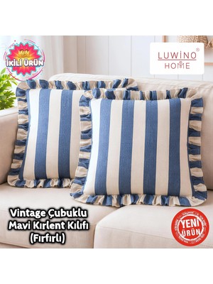 Luwino Home Kırlent Kılıfı Fırfırlı Keten Vintage Çubuklu Serisi 42 x 42 cm (2'li Set)