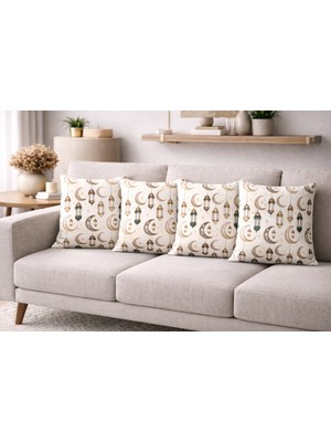 Özdağ Home Concept Ramazan Temalı  4’lü Çift Taraflı Duck Dijital Baskı Kırlent Kılıfı 43X43 cm – Ramazan Temalı Ay Yıldız Fener Desenli Dekoratif Yastık Kılıfı Seti