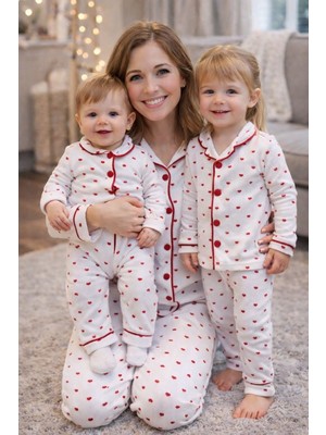 Lino Baby Anne Çocuk Kombin Minik Kalp Baskılı Tam Kalıp %100 Pamuk Kuruveze Yakalı Anne Çocuk Pijama Takımı