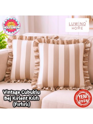 Luwino Home Kırlent Kılıfı Fırfırlı Keten Vintage Çubuklu Serisi 42 x 42 cm (2'li Set)