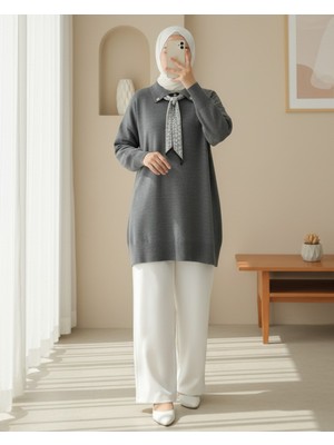 Modamorfo Polo Yaka Fularlı Yırtmaçlı Salaş Triko Tunik  -Füme