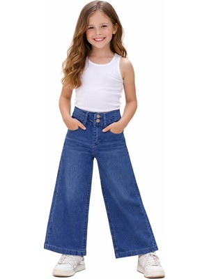 İrem Çocuk Giyim Kız Çocuk Çift Düğme Detaylı Fermuar Kapamalı Eskitme Desenli Geniş Paça Mavi Renk Kot Pantolon