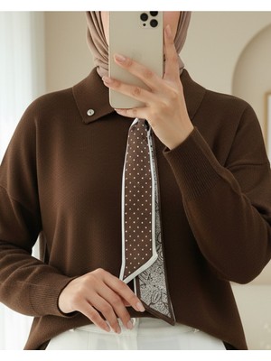 Modamorfo Polo Yaka Fularlı Yırtmaçlı Salaş Triko Tunik  -Kahve