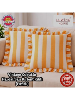Luwino Home Kırlent Kılıfı Fırfırlı Keten Vintage Çubuklu Serisi 42 x 42 cm (2'li Set)