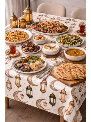 Özdağ Home Concept Ramazan Temalı Masa Örtüsü – Dijital Baskı Duck Kumaş – Leke Tutmaz – Hilal ve Fener Desenli –