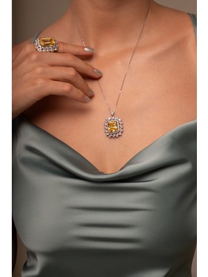 Leifa Jewelry Sarı Tonlu Sitrin Taşlı Swarovski Detaylı 925 Ayar Gümüş Kolye