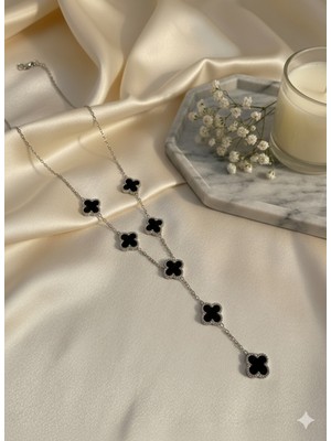 Meneva Aksesuar Paslanmaz Çelik Siyah Mineli Yonca Kolye