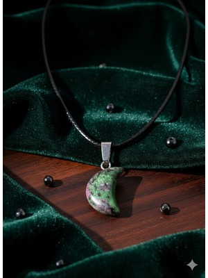 Meneva Aksesuar Zeozit Doğal Taş Ay Formlu Deri Ipli Kolye