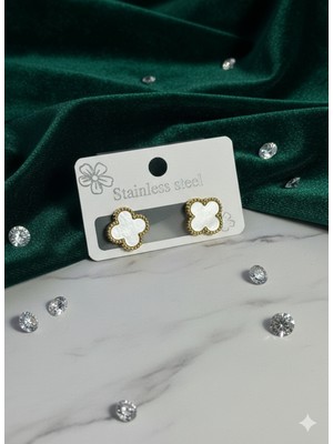 Meneva Aksesuar Beyaz Sedefli Çelik Yonca Küpe