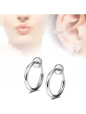 Jaida Moda Unisex Gümüş Renk Sıkıştırmalı Fake Çelik Küpe - Deliksiz Kıkırdak Hızma ve Dudak Piercing