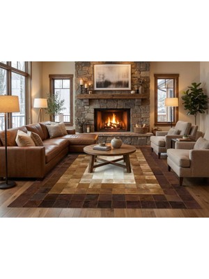 El Yapımı Dana Derisi Patchwork Halı – Kahverengi Tonlu Doğal Deri Dekoratif Halı