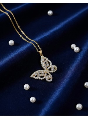 Meneva Aksesuar Baget Taşlı Altın Renk Çelik Kelebek Kolye