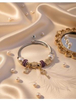 Meneva Aksesuar Charm Detaylı Çelik Kelepçe Bileklik