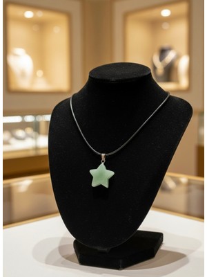 Meneva Aksesuar Yeşil Aventurin Doğal Taş Yıldız Kesim Deri Ipli Kolye