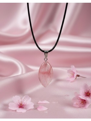 Meneva Aksesuar Gül Kuvars Doğal Taş Markiz Kesim Deri Ipli Kolye