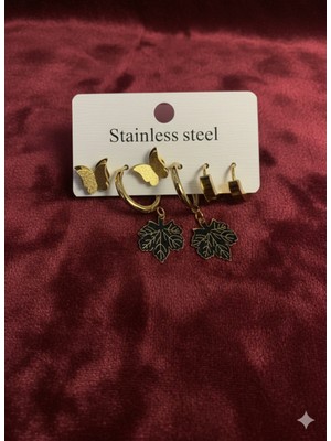 Meneva Aksesuar Altın Renk Çelik 6'lı Küpe Seti - Simli Kelebek ve Çınar Yaprağı Figürlü