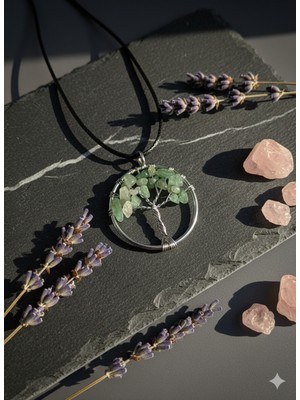 Meneva Aksesuar Aventurin Doğal Taş Hayat Ağacı Deri Ipli Kolye